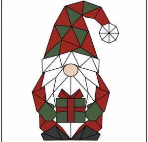 Christmas gnome in a red pointed hat holding a gift barn quilt pattern