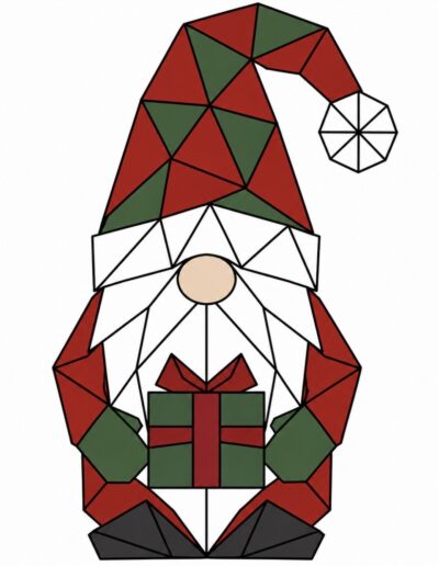 Christmas gnome in a red pointed hat holding a gift barn quilt pattern