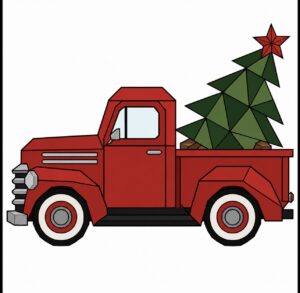 Red vintage pickup truck carrying a Christmas tree barn quilt pattern