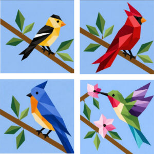 Set of four 12 inch pre-drawn barn quilt panels with goldfinch, cardinal, bluebird, and hummingbird designs