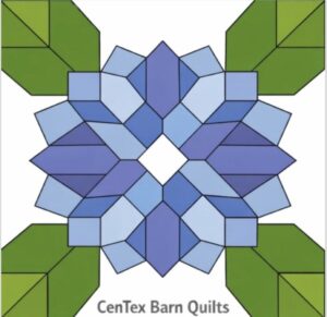 Blue and purple hydrangea blooms barn quilt pattern with green leaves