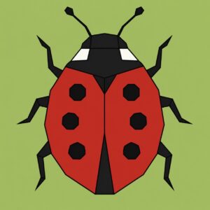Red and black ladybug barn quilt pattern on a green background