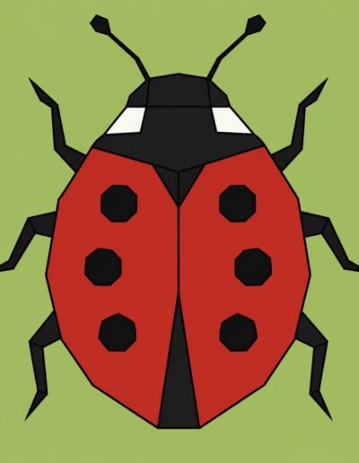 Red and black ladybug barn quilt pattern on a green background