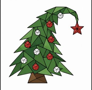 Whimsical leaning Christmas tree with red ornaments barn quilt pattern