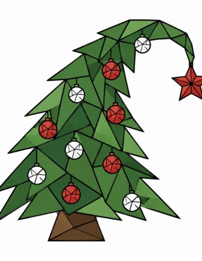 Whimsical leaning Christmas tree with red ornaments barn quilt pattern