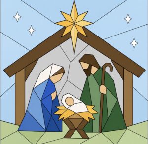 Nativity manger scene barn quilt pattern with the Holy Family under a gold star