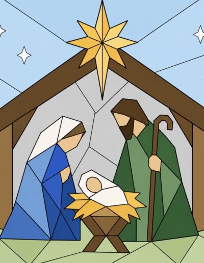 Nativity manger scene barn quilt pattern with the Holy Family under a gold star