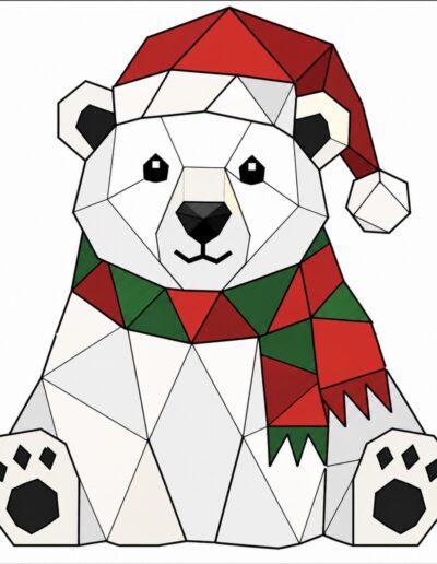 Polar bear in a Santa hat and red and green scarf barn quilt pattern