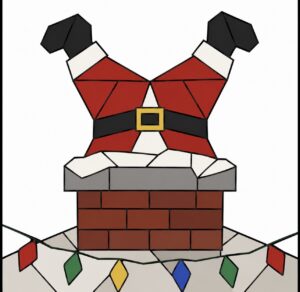 Santa stuck in a brick chimney barn quilt pattern with Christmas lights