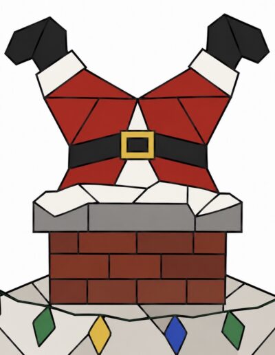 Santa stuck in a brick chimney barn quilt pattern with Christmas lights