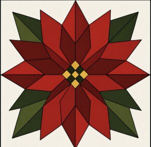 Single red poinsettia bloom barn quilt pattern with dark green leaves