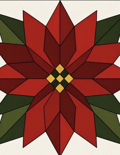 Single red poinsettia bloom barn quilt pattern with dark green leaves
