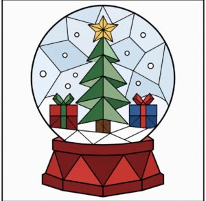 Snow globe with a Christmas tree and wrapped gifts barn quilt pattern