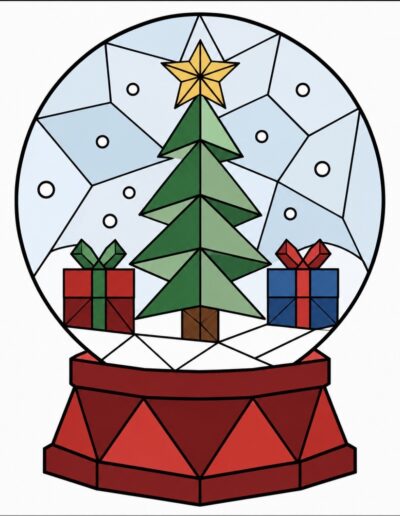 Snow globe with a Christmas tree and wrapped gifts barn quilt pattern