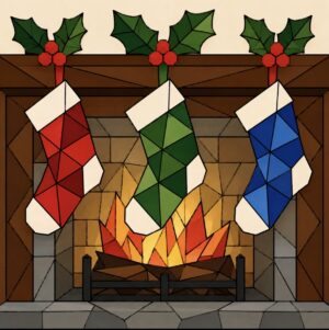 Christmas stockings hung over a fireplace barn quilt pattern with holly