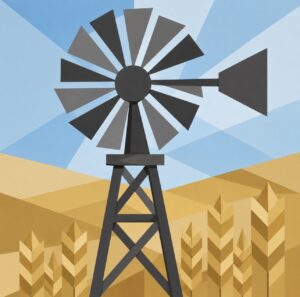 Farm windmill over a golden wheat field barn quilt pattern