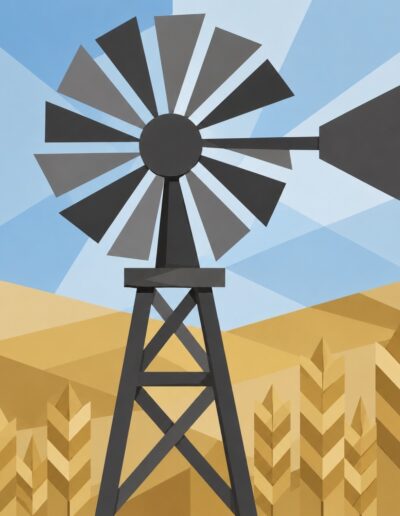 Farm windmill over a golden wheat field barn quilt pattern