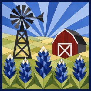 Texas windmill and red barn with a bluebonnet field barn quilt pattern