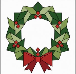 Green Christmas wreath with a red bow barn quilt pattern